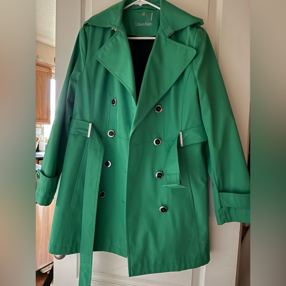 Calvin Klein Stunning Emerald Green Double-Breasted Trench Coat Size Medium NWOT
